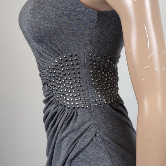 Vintage Y2K Dynamite Faux Wrap Dress Studded Gathered Asymmetric Mini Bodycon - Picture 6 of 14